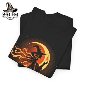 Black Salem witch t-shirt with flaming witch silhouette moon and Salem skyline EST 1626 graphic design