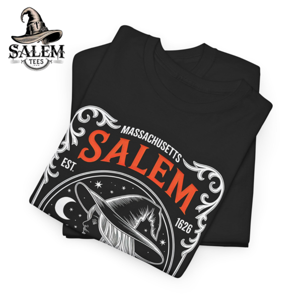 Black Salem Massachusetts witch t-shirt with cauldron moon and EST 1626 vintage gothic graphic design